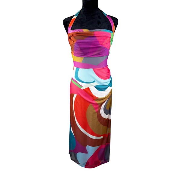 Anthropologie Dresses & Skirts - Anthropologie Multi Color Abstract Swirl Halter Midi Dress Womens Medium